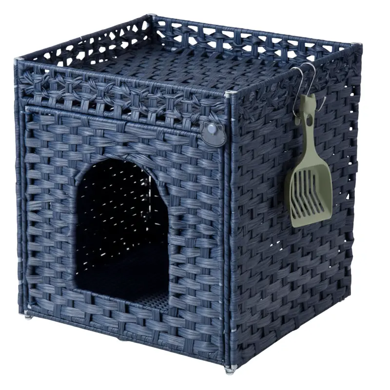 Rattan Cat Litter Enclosure – Handwoven Cabinet with Top Fence and Mat