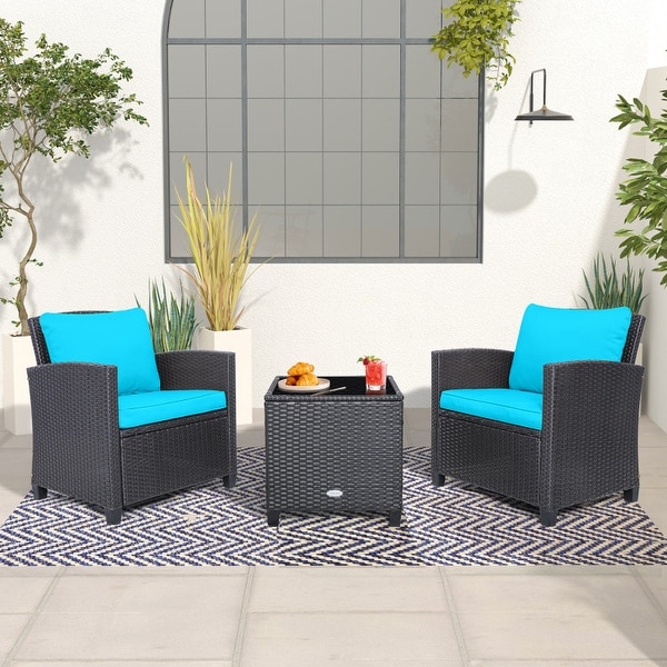3 Pieces Rattan Patio Furniture Set with Washable Cushion