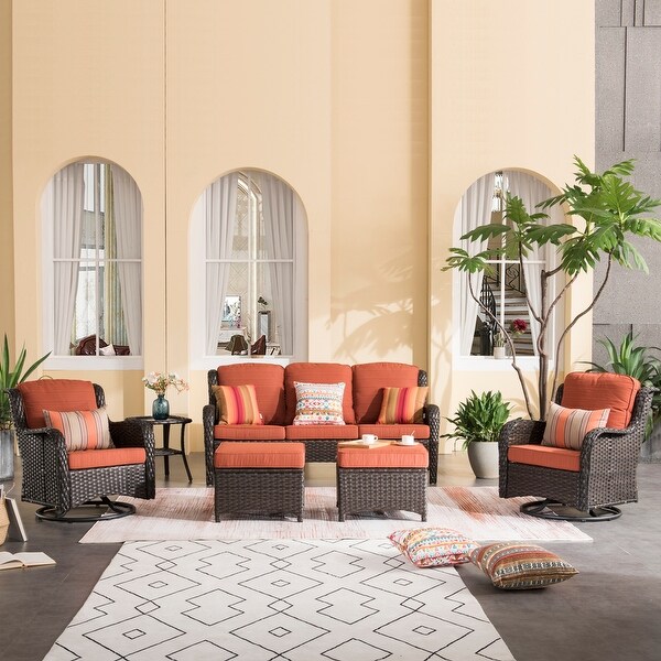OVIOS 6piece Rattan Wicker Patio Furniture Set Swivel Gliding Chair Set