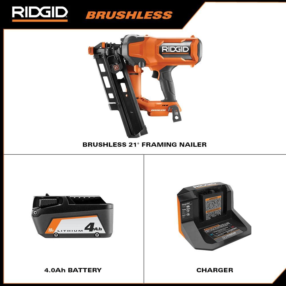 Ridgid 18V Brushless Cordless 21-Degree 3-1/2 in. Framing Nailer Kit with 4.0 Ah Battery and Charger R09894KN