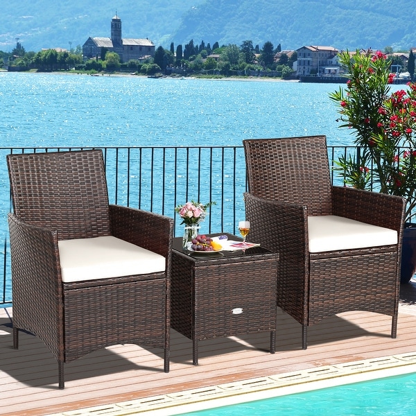 Costway 3PCS Patio Rattan Furniture Set Cushioned Sofa Glass Tabletop