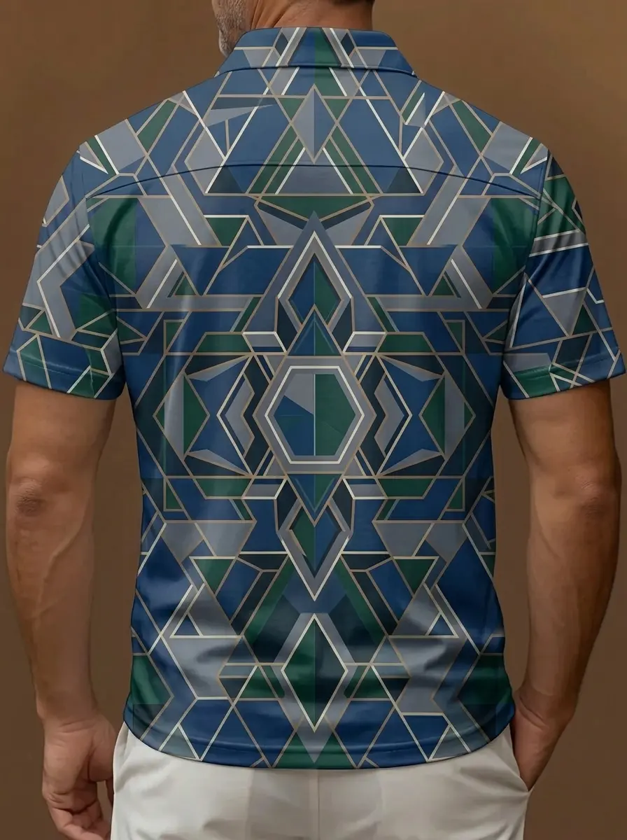 Blue Green Gold Geometric Mosaic Print Short Sleeve Golf Polo Shirt