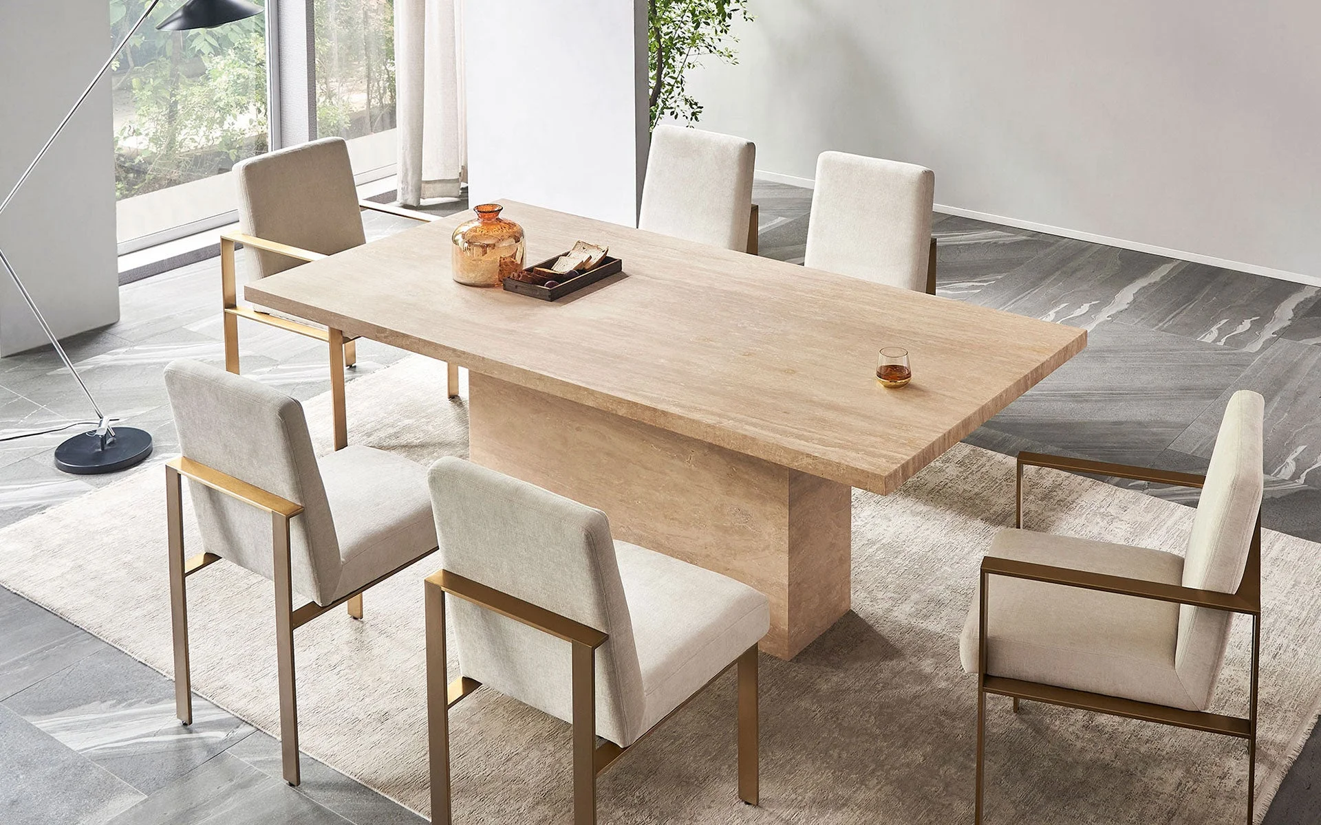 Mofit Home, Modern, Elegant, Light Brown Travertine, Travertine+Wood+Metal, Accent Dining Table, Furniture for Dining Room, Dining Room, 1pc, T-shaped