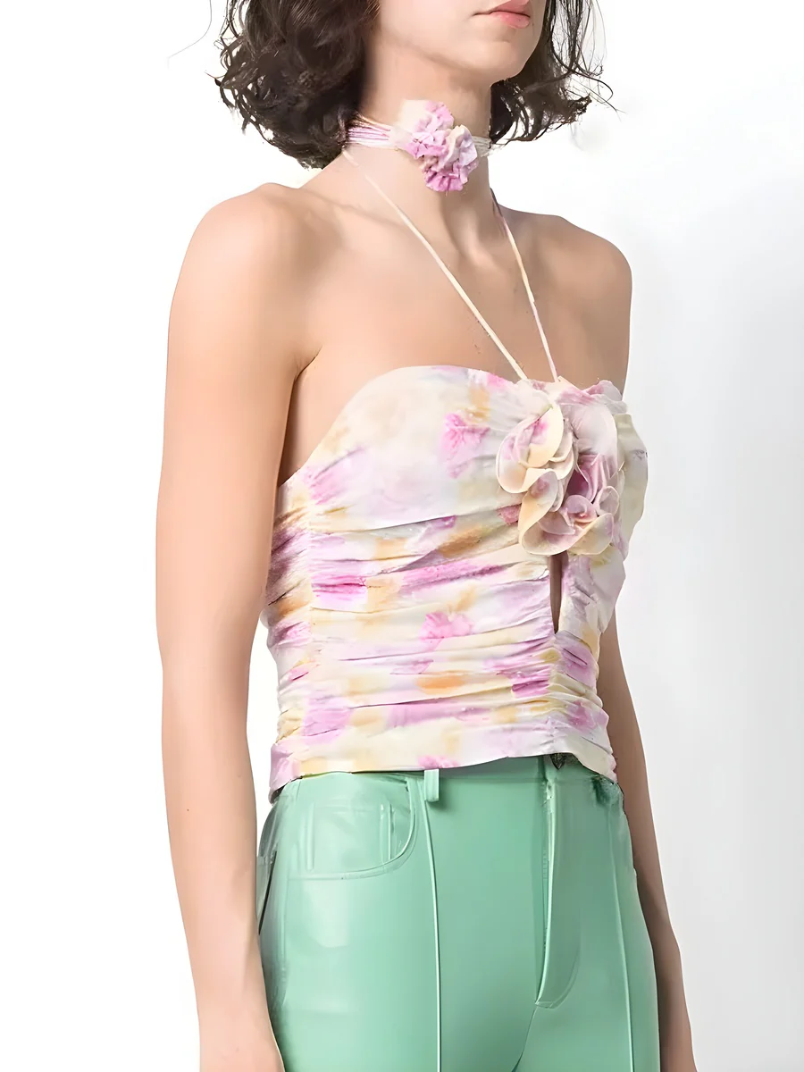 3D Floral Ruched Halter Crop TopClistos