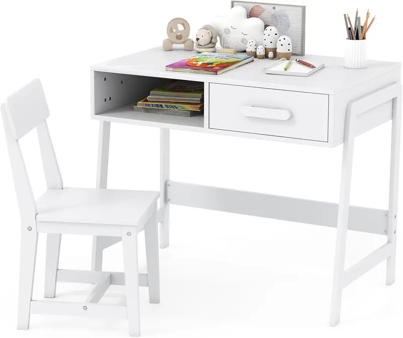 Wooden Kids Desk and Chair Set – Twin-Size Study Station with Hutch, Drawer & Casters (White, Ages 3+)