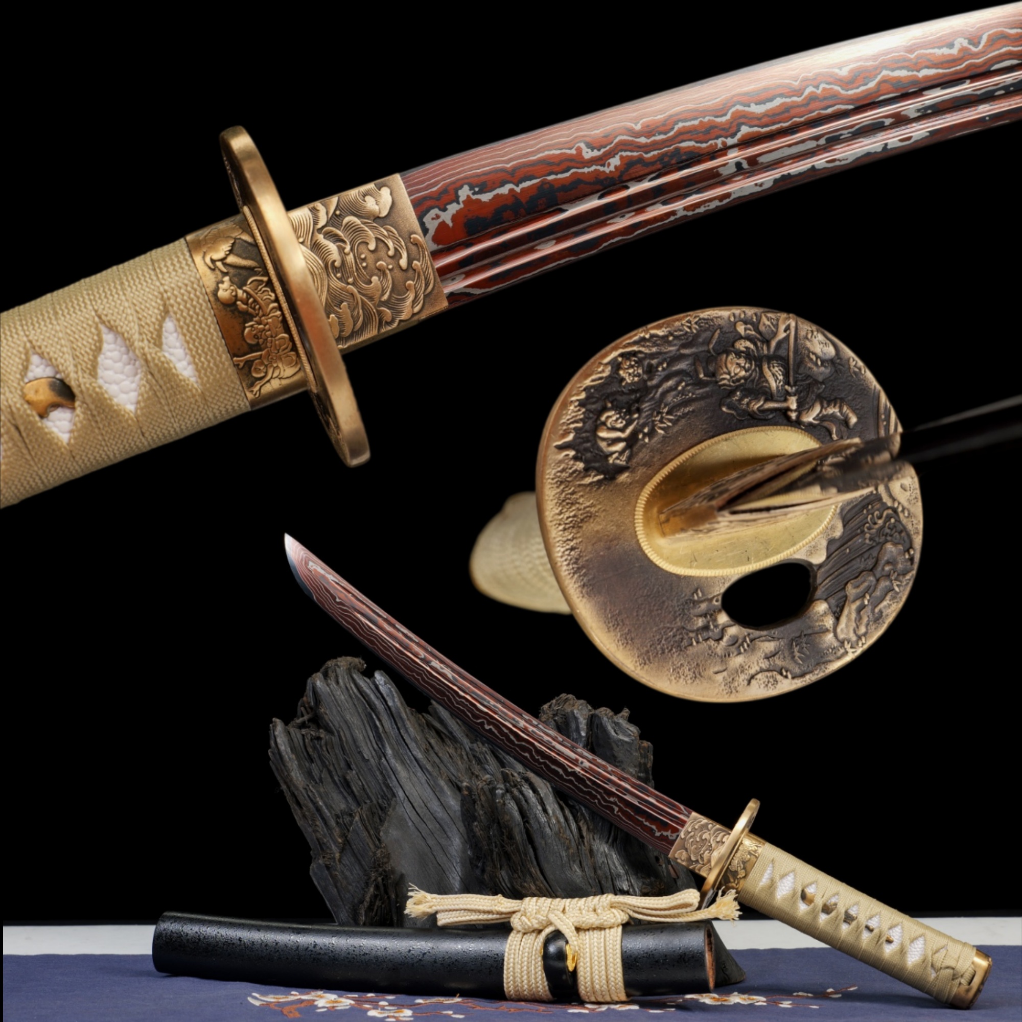 Handmade Japanese Tanto Damascus Red Blade Meteorite Copper Tsuba Full Tang