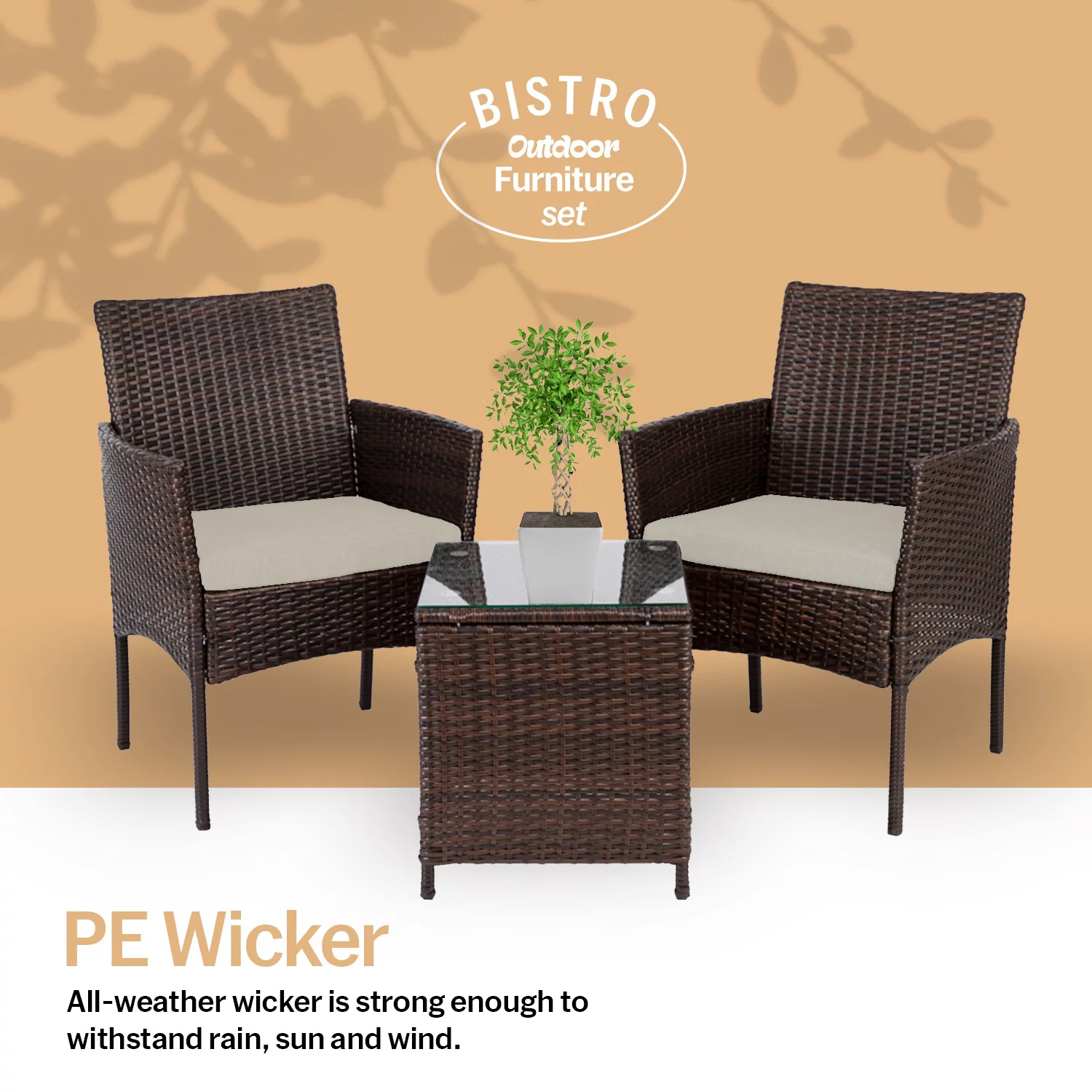 Zeno 3 Piece Rattan Bistro Patio Furniture Set - 2 Relaxing Cushion Chairs With a Cafe Table - Beige