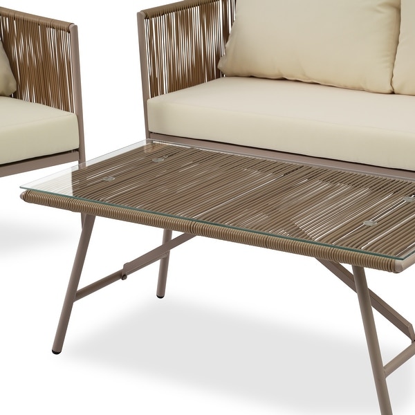 4Piece Rope Sofa Set with Thick CushionsandToughened Glass Table,Beige