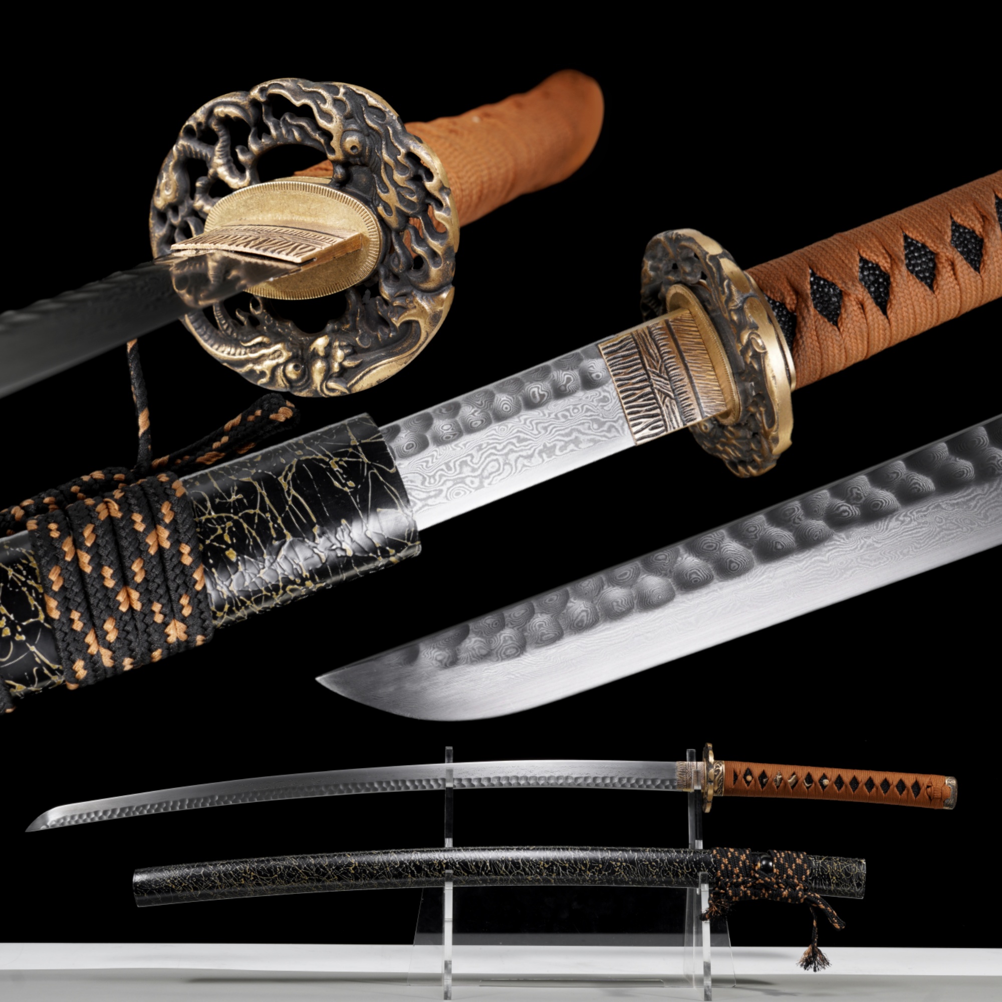 Handmade Katana Damascus Steel Night Rain Golden Dragon Full Tang