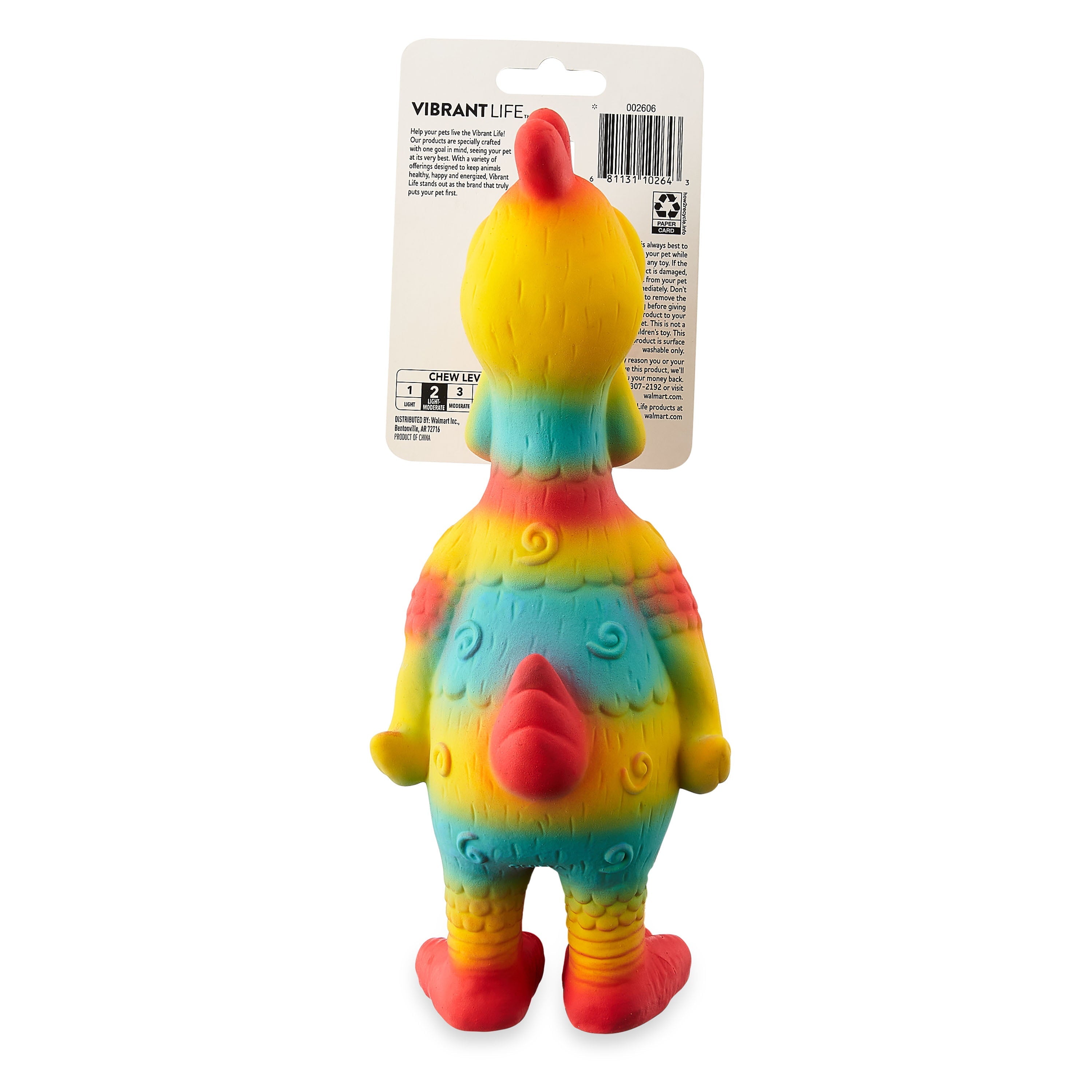 Vibrant Life Playful Buddy Tie Dye Chicken Dog Toy, Chew Level 2, with Squeaker.