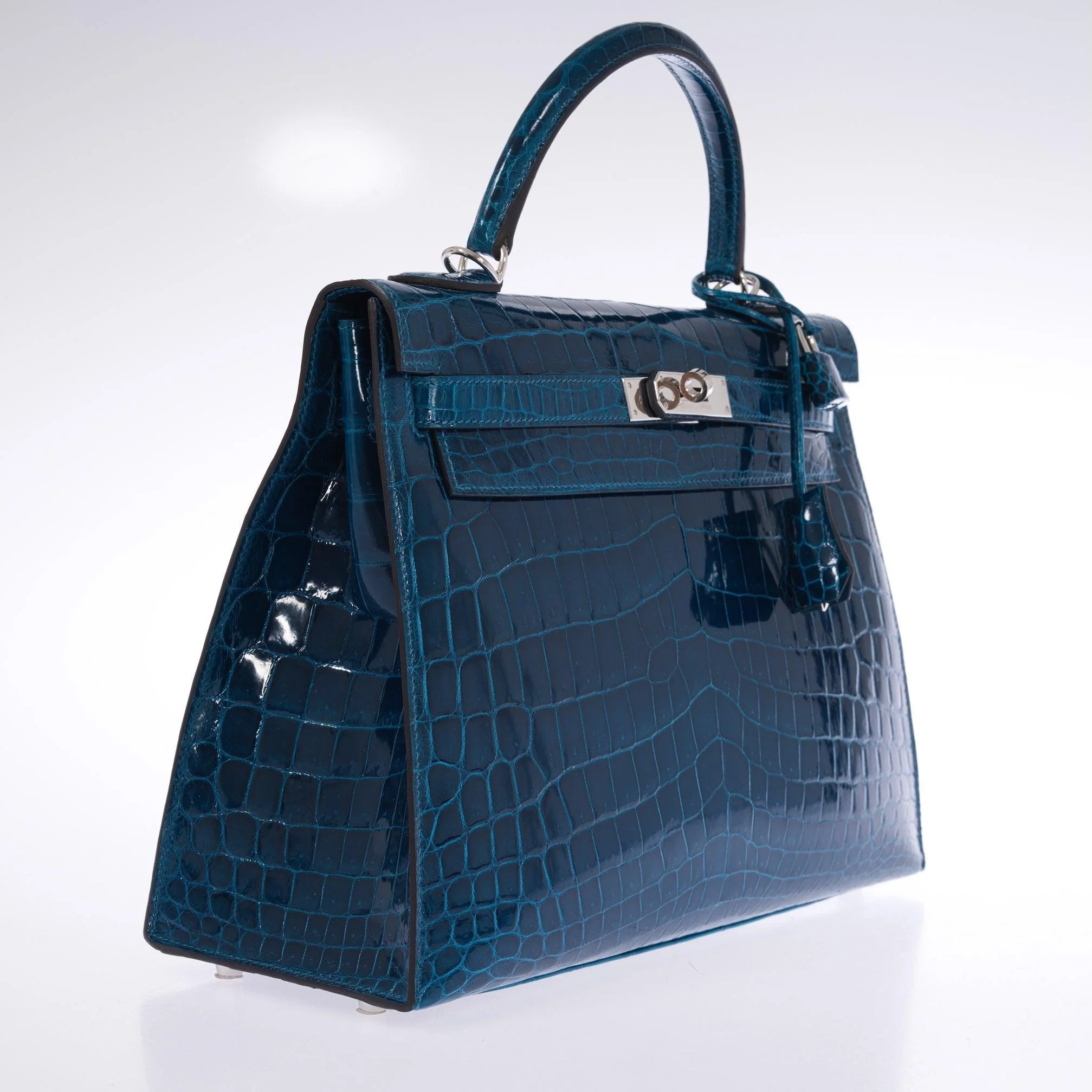 Hermès Kelly 32 Sellier Blue Colvert Shiny Niloticus Crocodile Palladium Hardware