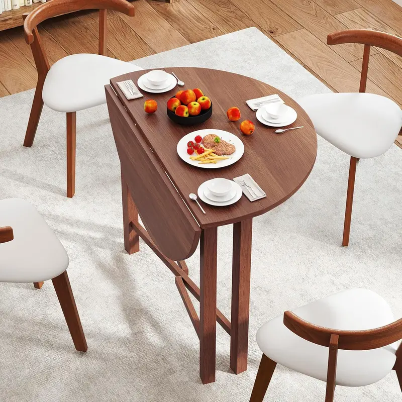 Walnut Round Drop-Leaf Dining Table – 36-Inch Extendable Farmhouse Table with Solid Wood Legs, Seats 2–4 in Small Spaces