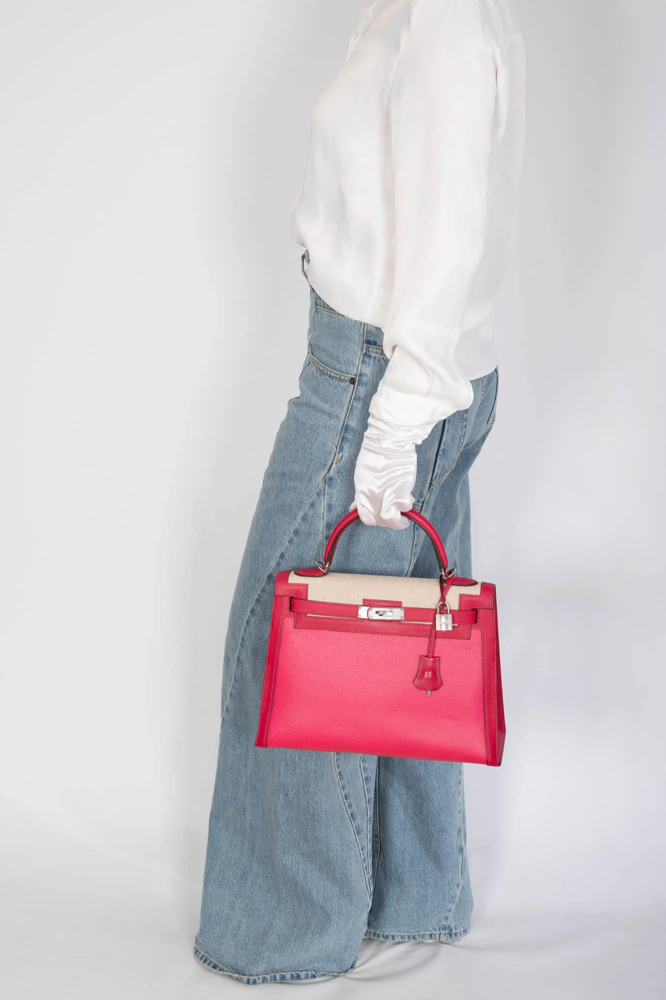 Hermès Kelly Sellier 32 Rose Shocking & Écru-Beige Toile & Framboise Leather Palladium Hardware