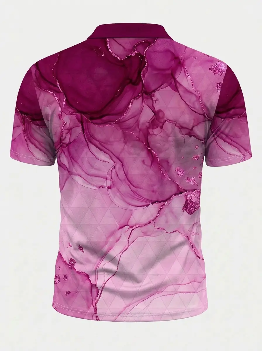 Moisture Wicking Golf Polo 3D Magenta Pink Watercolor Texture Button Short Sleeve Golf Polo Shirt (Back View)