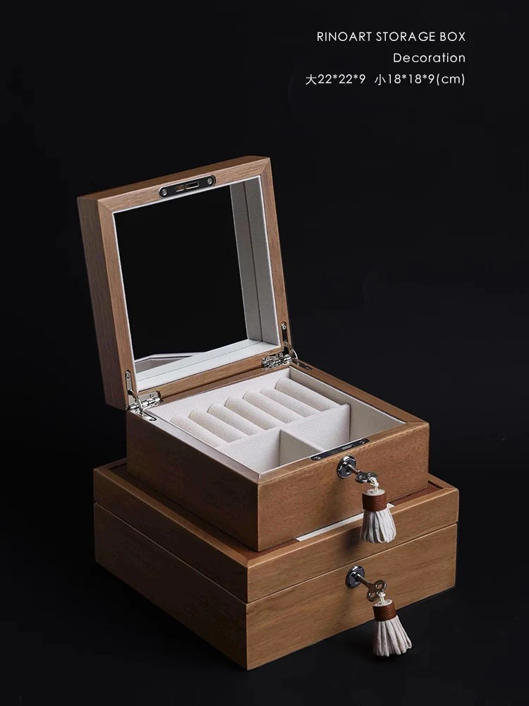 DC170 (Set) - HERME* Wood / Top layer leather patchwork makeup mirror large-capacity jewelry box ear stud storage box