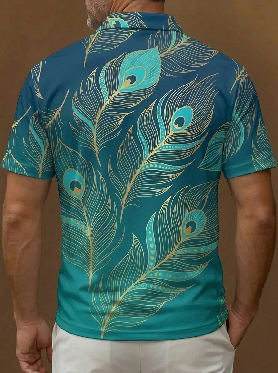 Teal Green Peacock Feather Print Short Sleeve Golf Polo Shirt
