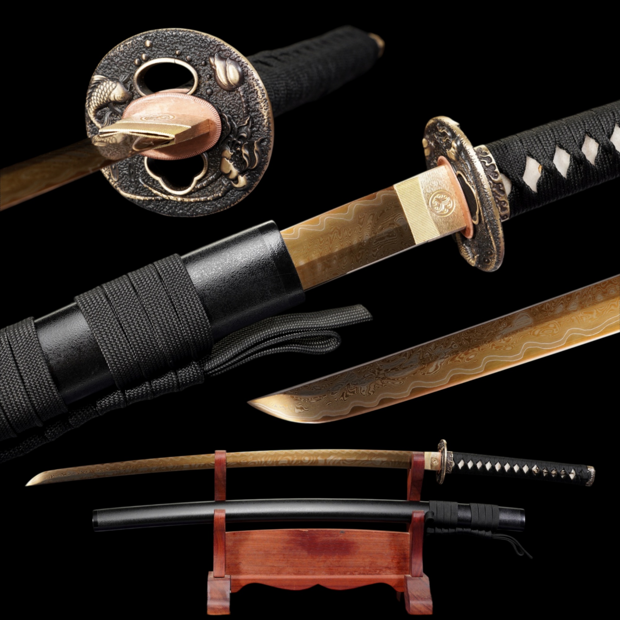 Handmade Katana Damascus Sanmai Gold Blade Dragon Tsuba Full Tang