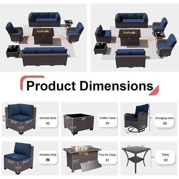 Patio Furniture Sectional Sofa Set,PE Rattan Swivel Rocking Chairs Patio Conversation Set