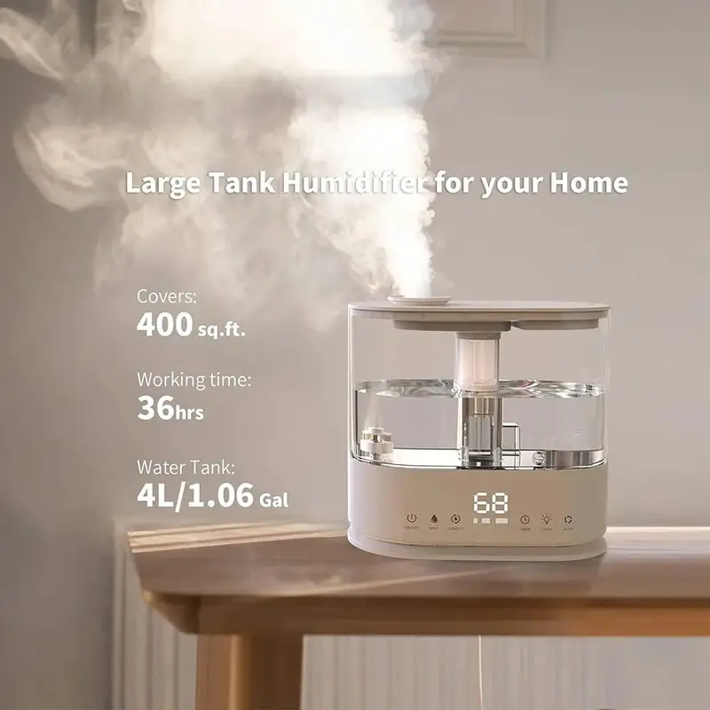 Top-Fill Bedroom Humidifier – 4L Large-Capacity Ultrasonic Mist Dispenser for Quiet Nighttime Use