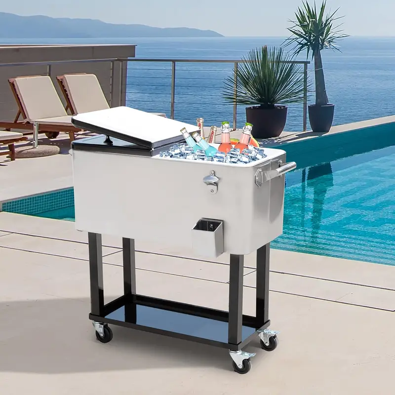 Portable 80-Quart Rolling Steel Cooler – Heavy-Duty Insulated Beverage & Food Transport Cart