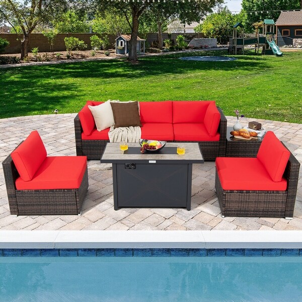 Gymax 7PCS Patio Rattan Furniture Set Fire Pit Table Cover Cushion