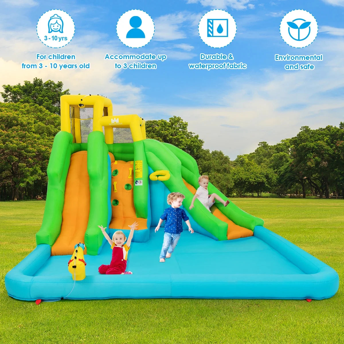 2026 Inflatable Water Park Bounce House w/Climbing Wall Two Slides and Splash Pool