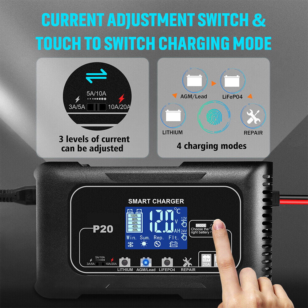 KingFurt Automatic Battery Charger - Intelligent 12V/24V Charging, LCD Display, 20A Amp, All-in-One Solution for Cars, RVs, Trucks