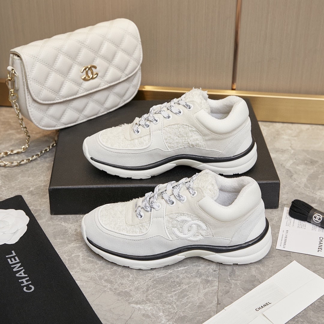 Chanel Velour Tweed Cc Sneakers White