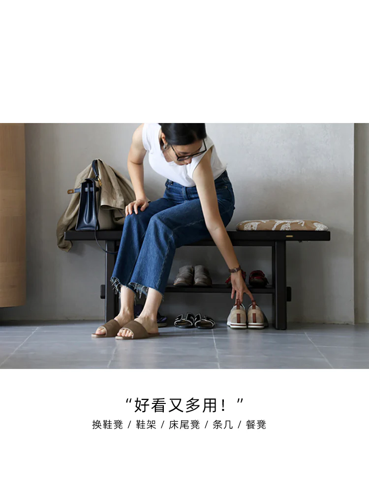 CH092-1 - White Waxwood Solid Wood Shoe Changing Stool: Royal Horse Embroidery, Dual-layer Storage Bed End Stool Shoe Rack