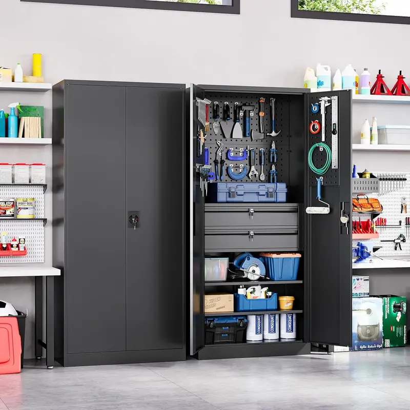 Yizosh Heavy-Duty Locking Tool Cabinet – 71-Inch Steel Garage Storage with Pegboard, 2 Drawers, and Dual Doors