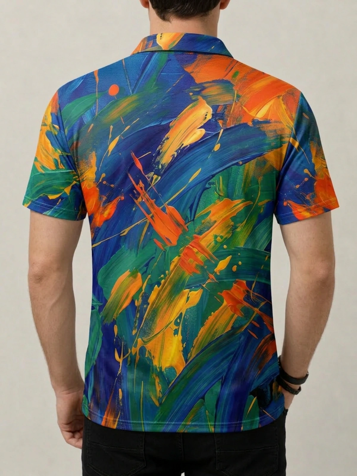Multicolor Abstract Paint Brushstroke Print Short Sleeve Golf Polo Shirt