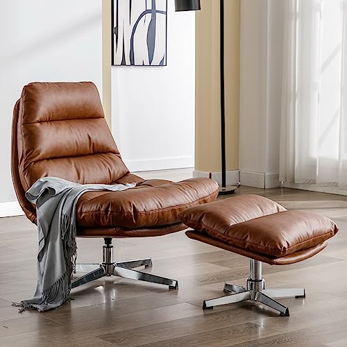 Swivel Accent Chair with Ottoman, Mid Century Modern Linen Lounge Chair with footrest, Comfy Oversized Armchair with 360 Degree Metal Base for Living Room/Bedroom, Cream