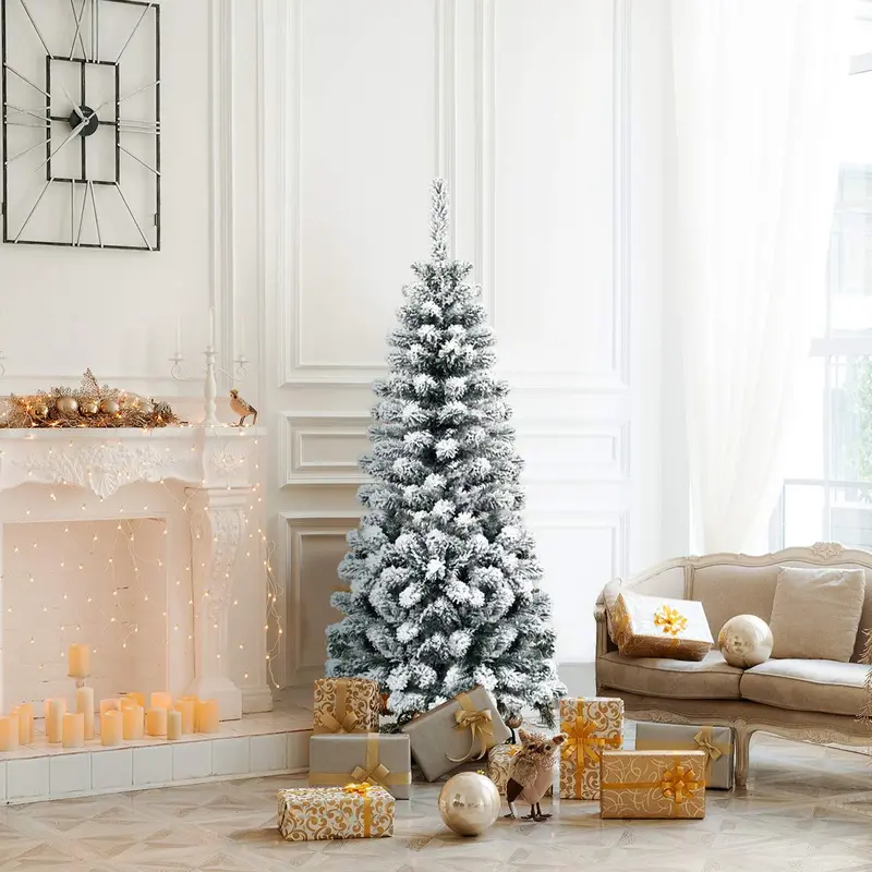 Snowy Slim Artificial Christmas Tree – Weather-Resistant Flocked Xmas Tree for Indoor & Outdoor Use