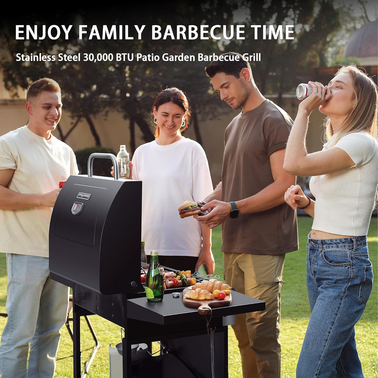 MASTER COOK 3 Burner BBQ Propane Gas Grill, Stainless Steel 30,000 BTU Patio Garden Barbecue Grill with Two Foldable Shelves