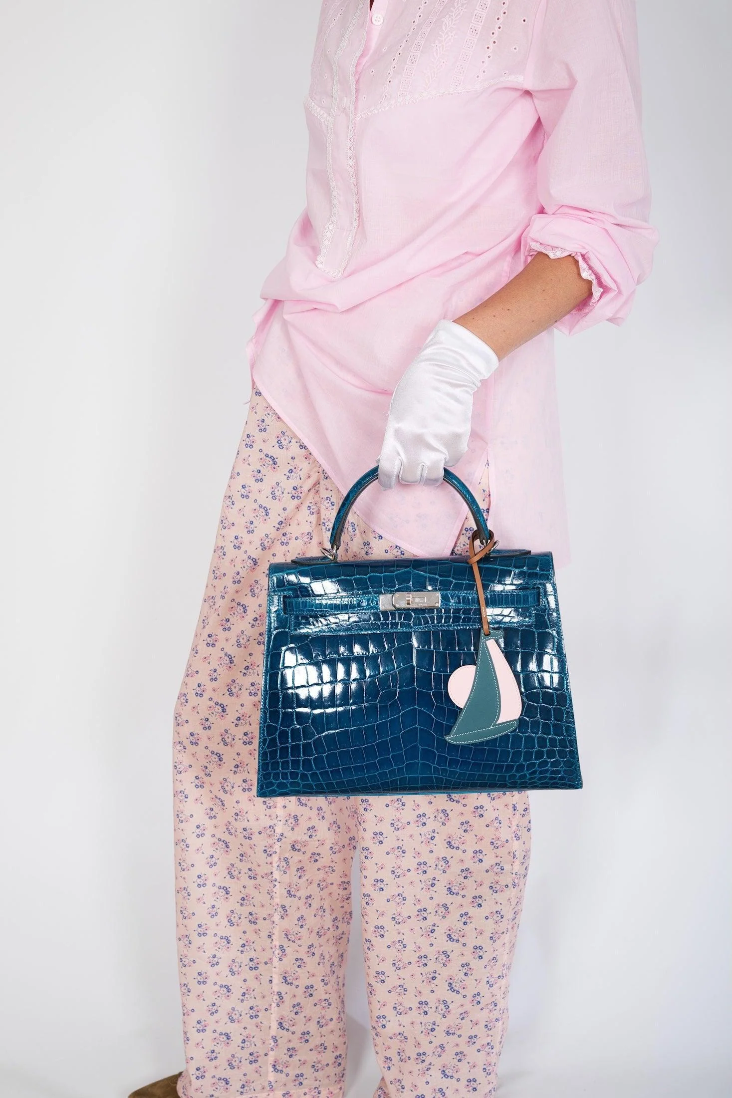 Hermès Kelly 32 Sellier Blue Colvert Shiny Niloticus Crocodile Palladium Hardware