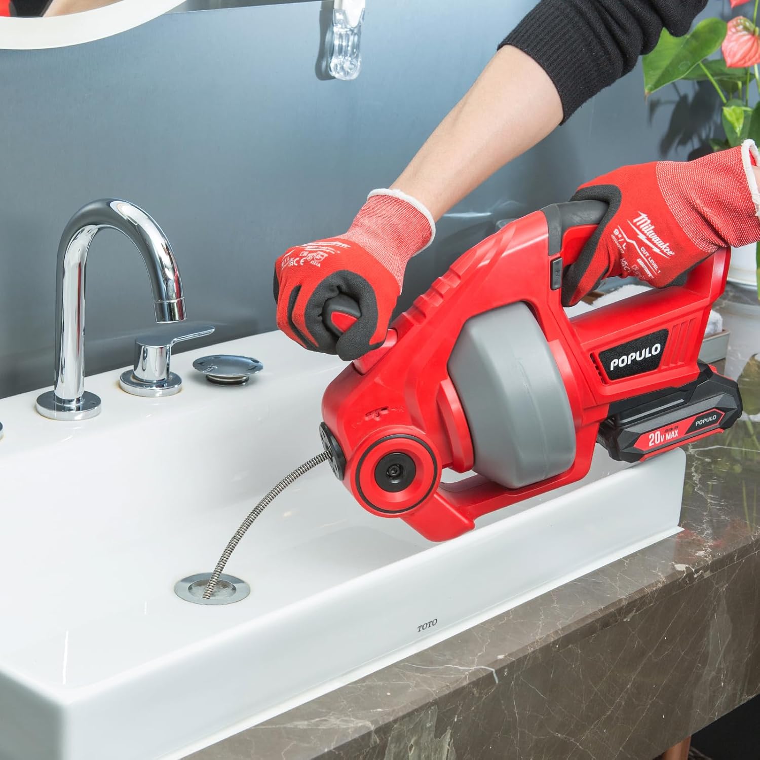 POPULO 20V Cordless Electric Drain Auger-Efficient 25Ft Auto-Feed Drain Snake with Replaceable Cable,2.0Ah Battery,Charger,Storage Bag & Gloves for Kitchen,Bathroom,Shower Pipes (3/4