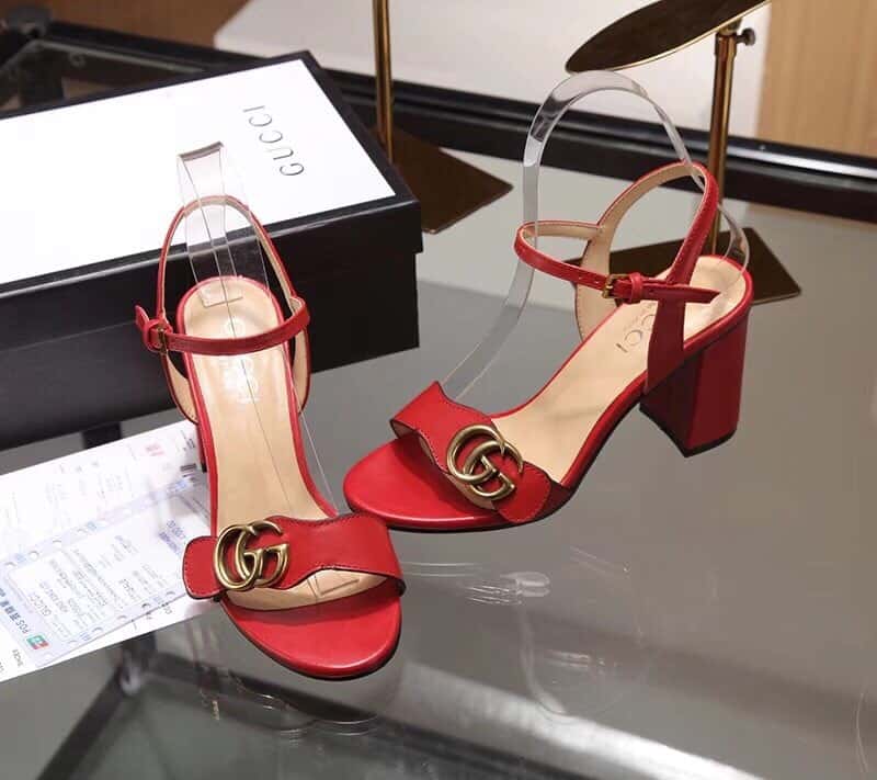 Gucci Leather Mid Heel Sandal Red