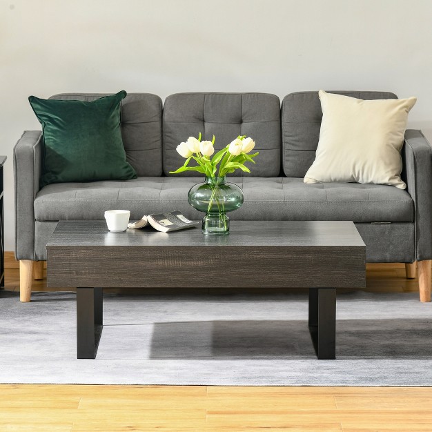 Homcom Mid century Modern Coffee Table With Storage Drawer Metal Sled Designed Legs And Wood Grain Surface For Living Room