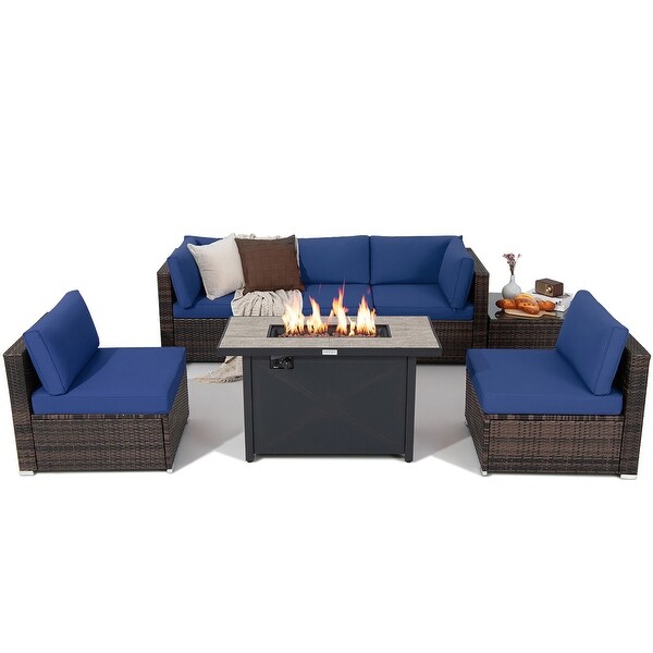 Gymax 7PCS Patio Rattan Furniture Set Fire Pit Table Cover Cushion