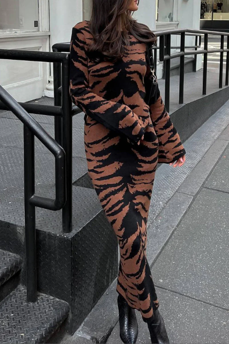 Leopard Jacquard Long Sleeve Pencil DressClistos