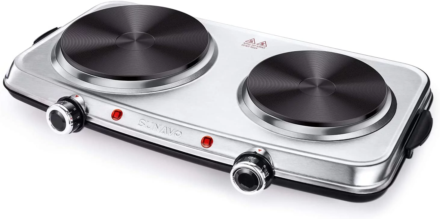 Hot Plates for Cooking, 1800W Electric Double Burner with Handles, 6 Power Levels Stainless Steel Hot Plate for Kitchen Camping RV Cast Iron