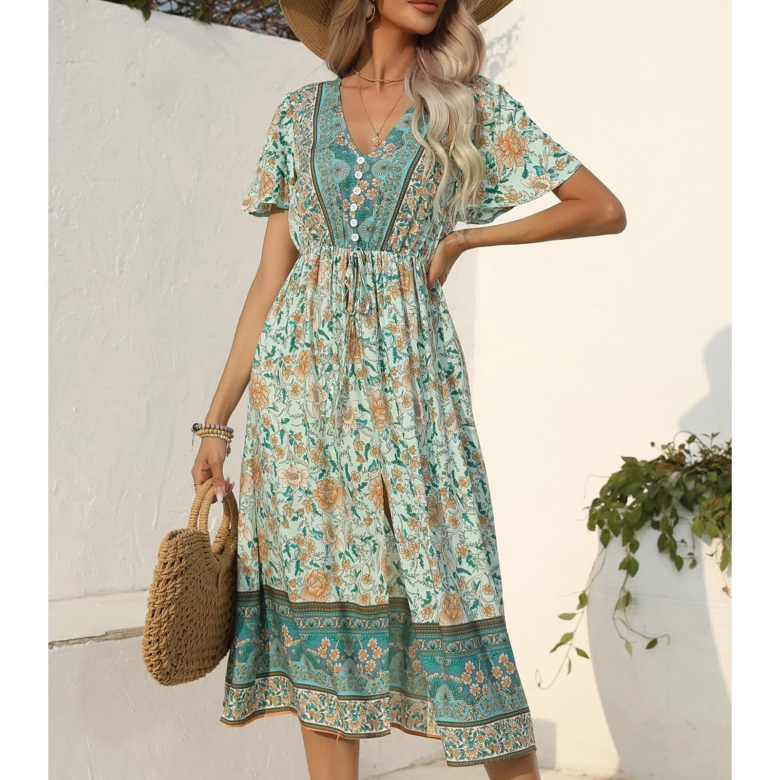 Boho Casual Midi Dress with Waist TieClistos