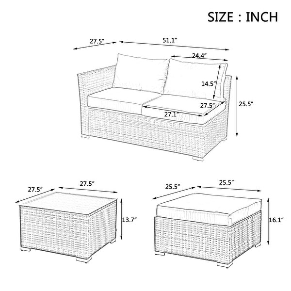 4Piece Patio Conversation Wicker Furniture Set,Sectional Sofa Set with Tempered Glass Coffee Table,Sofa Chair and Ottoman Sets