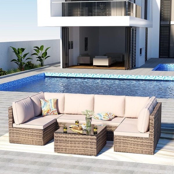 Outdoor Wicker 7Piece Conversation Sofa Set with Cushions
