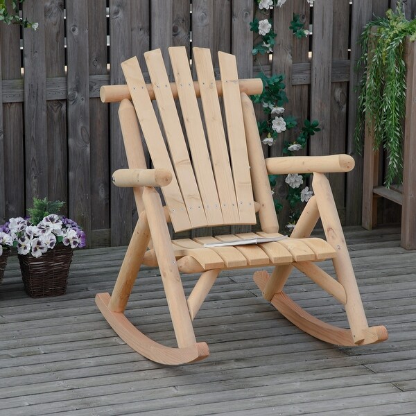 Outsunny Outdoor Rustic Adirondack Rocking Chair,Fir Wood Log Slatted Design Patio Rocker for Porch Garden Lounging
