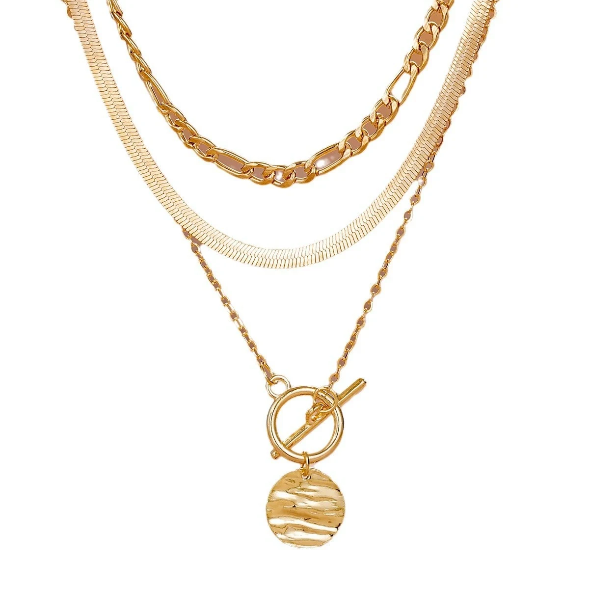 Vintage Multi-Layer Snake Chain Coin Pendant Necklace – Gold