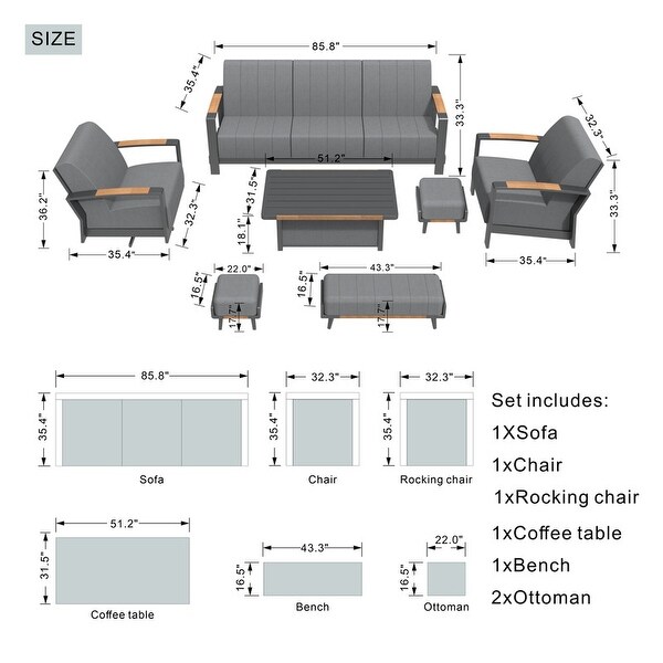 7Piece Patio Acrylic Sponge Sofa and Chair Set with Table and Bench