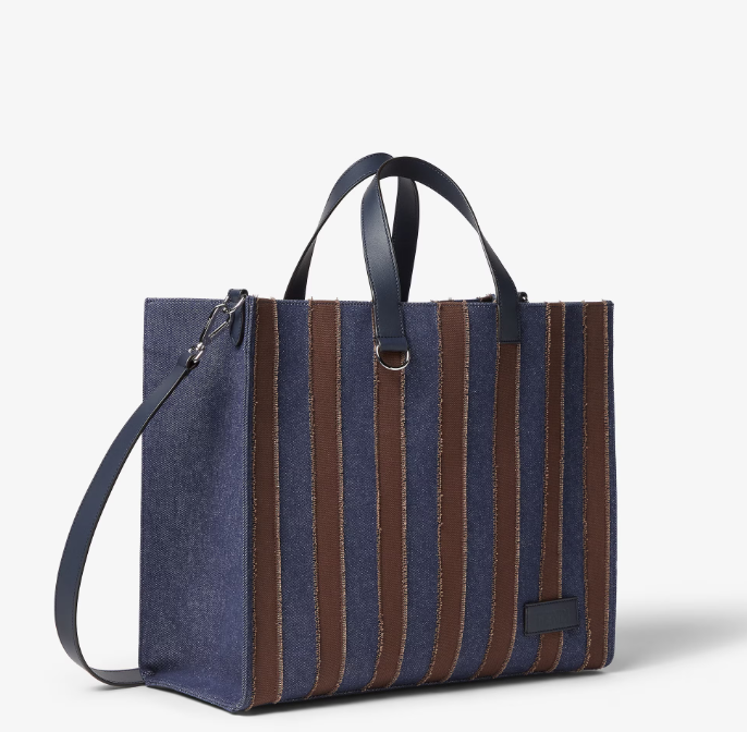 FENDI Pequin shopper Dark blue denim fabric and brown canvas bag