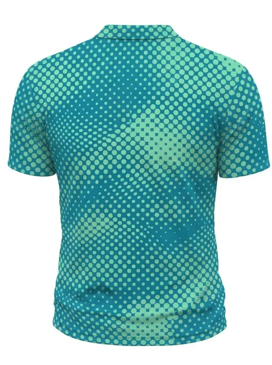 Moisture Wicking Golf Polo 3D Teal Monochrome Dot Pattern Button Short Sleeve Golf Polo Shirt