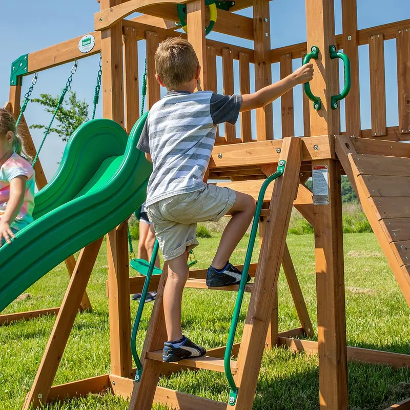 Wooden Mountain-Style Playset – Includes Sunshade, Wave Slide, Rope Swing, Net Swing & Climbing Wall